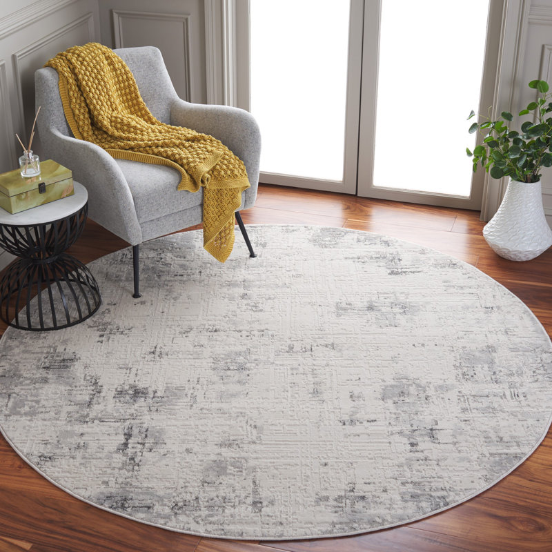 Tapis en polyester / polypropylène tissé à la machine en ivoire / gris / gris foncé, Rond 6 pi 7 po