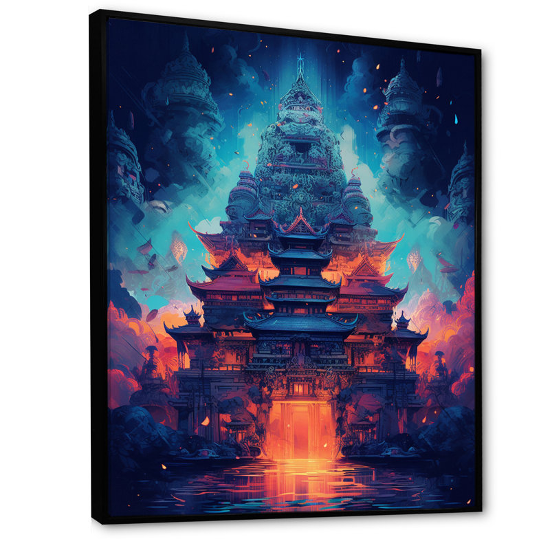 Magical Buddhist Temple Dreamscape sur impression sur toile, H 32 po x l 16 po x P 1 po, Cadre flottant noir