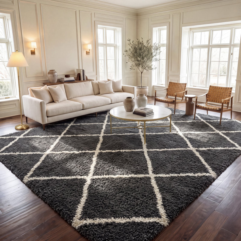 Tapis à poil long Humberto Hudson, Rectangle 10 pi x 14 pi, Gris foncé / ivoire