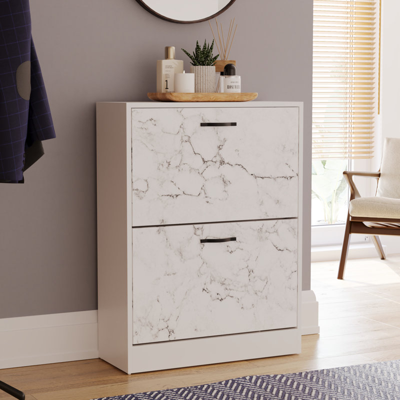 Drawer Flip Down Shoe Storage Free Standing Cabinet For Hallway, 80" H x 60" W x 24" D, White Marble