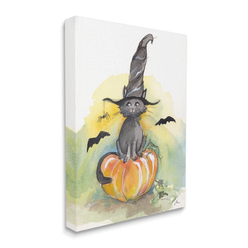 «Witch Cat on Pumpkin», art mural sur toile par Jessica Mingo, H 20 po x l 16 po x P 1,5 po