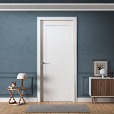 Prehung Interior Door, 1-Panel Shaker Design, Primed, Solid Core, with Jambs Kit, Black or Satin Nickel Hinges, and Pre-Drilled Lock & Hinge Holes