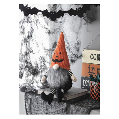 Gnome assis en tissu avec chapeau tricoté orange - Décoration d'Halloween pour la maison / la table / la fête