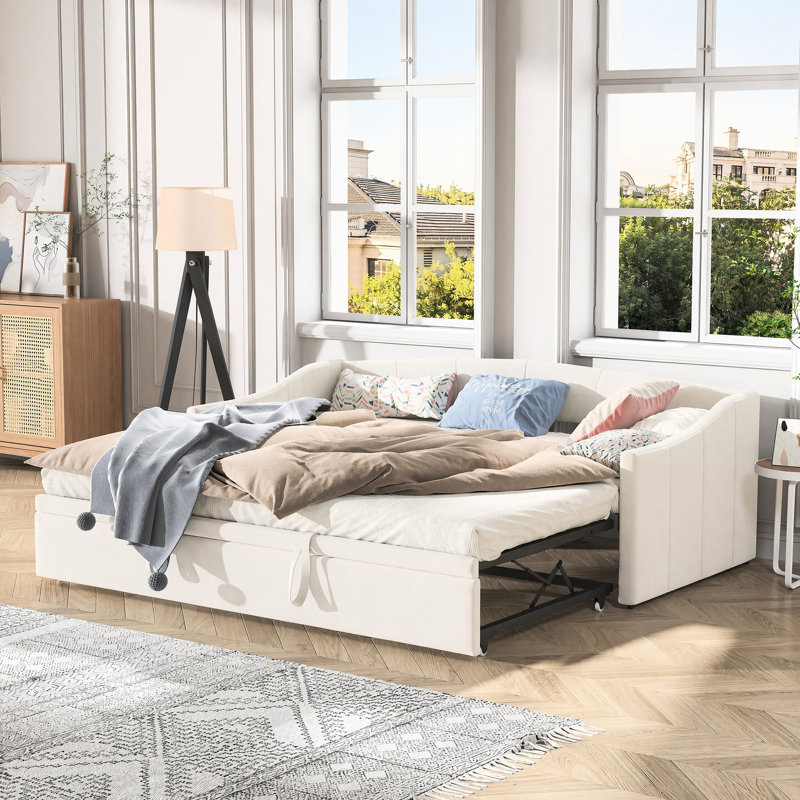 Velvet Upholstered Daybed with Pull Out Trundle, Beige