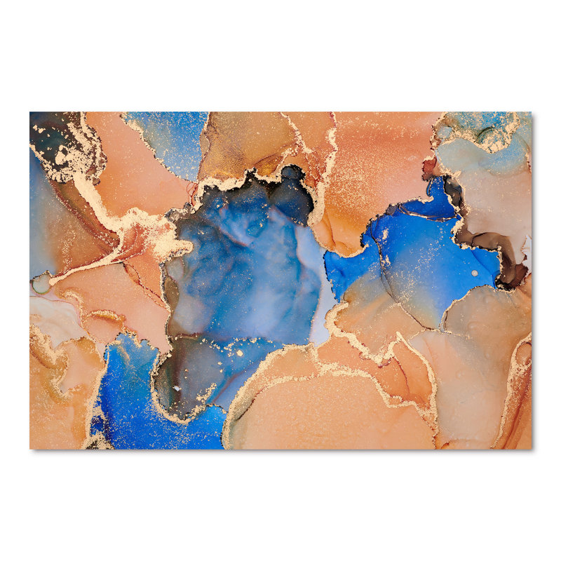 «Blue and Orange Luxury Abstract Fluid Art», peinture sur toile, H 40 po x l 60 po, Toile tendue