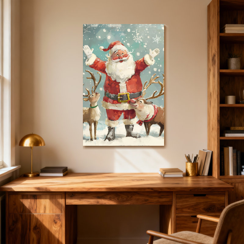 Noël père Noël avec des rennes dans la neige, H 36 po x l 24 po