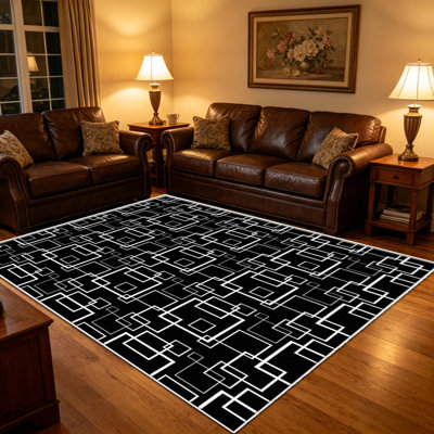 1 tapis carré noir et blanc, élégant tapis décoratif polyvalent, facile à nettoyer et à entretenir, meuble idéal pour la chambre à coucher, le salon, le couloir, le vestibule, le dortoir et le bureau afin de rafraîchir l'ambiance intérieure de votre maison