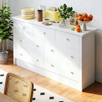Commode à 7 tiroirs de 57 pouces de large - commode de chambre de style campagnard, armoire de rangement moderne pour le salon et l'entrée, blanc