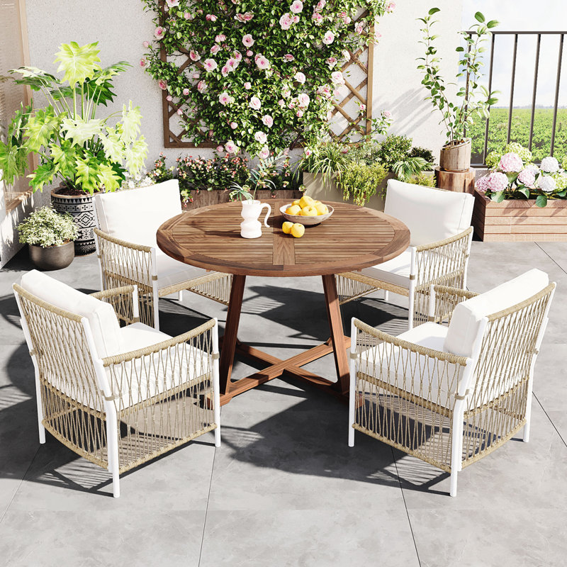 5-Piece Extendable Dining Table Set with 4 Rattan Chairs