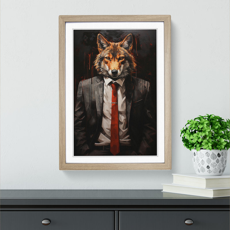 Wolf In A Suit Painting No.3 - Single Picture Frame Print on Wood, Oak, 64cm H x 46cm W x 2cm D