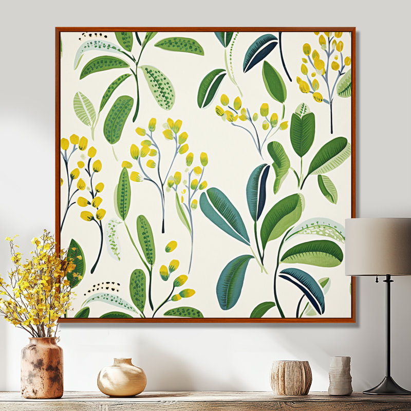 «Blossoming Retro Spring Foliage - Leaves», art mural, Toile avec cadre flottant brun, H 30 po x l 30 po x P 1 po