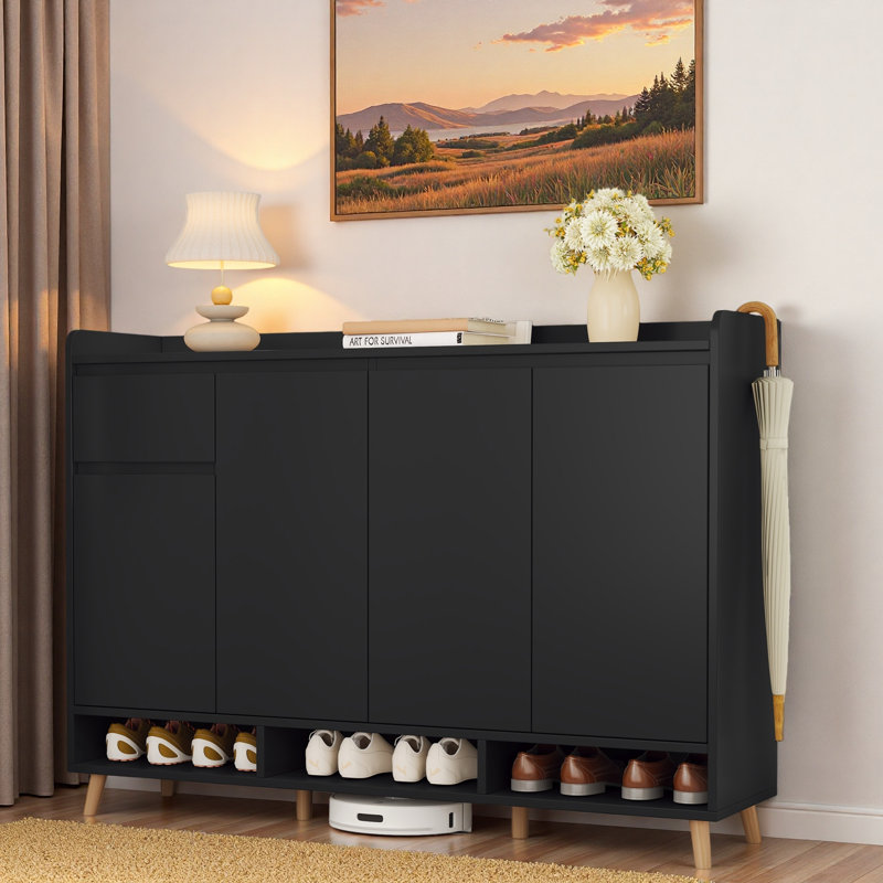 Contemporary Shoe Cabinet With Adjustable Shelves, Open Compartments And Drawer, Black