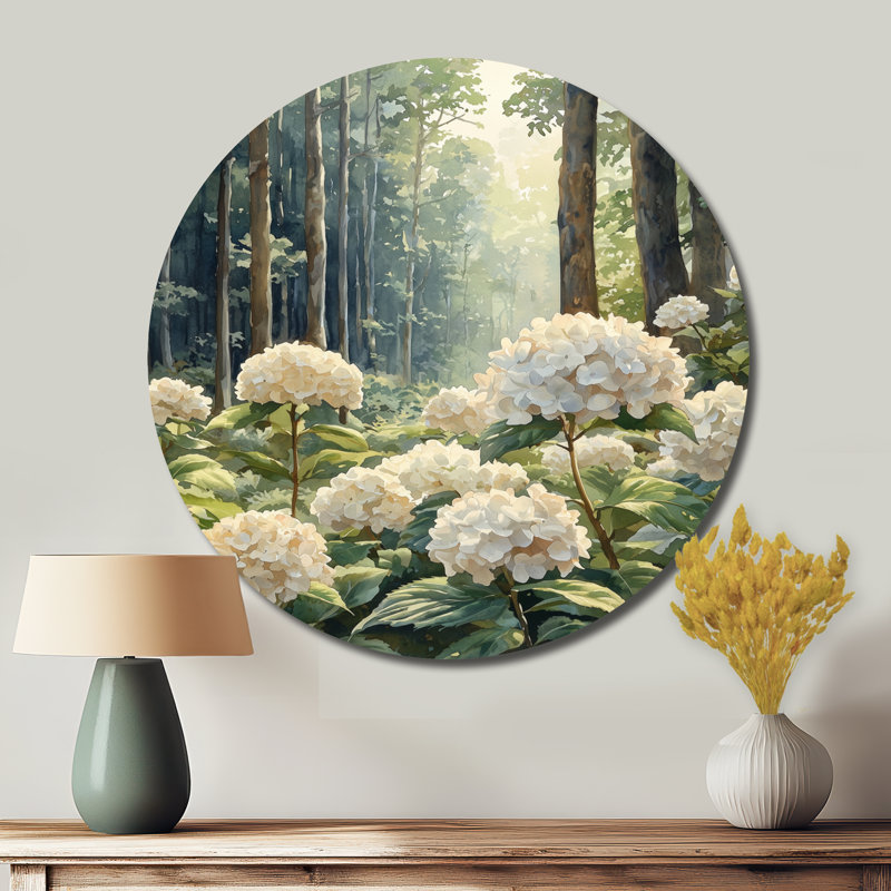 Hortensias de bord de forêt - impression d'art en métal blanc traditionnel, hydrangées rondes en métal, H 29 po x l 29 po