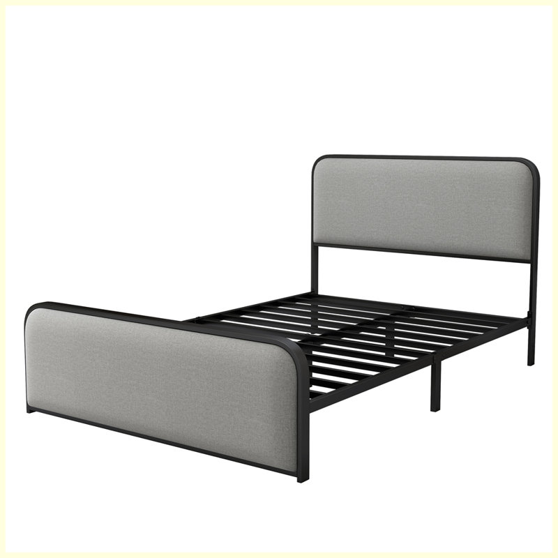 Structure de lit moderne en métal avec tête et pied de lit rembourrés, Double, Gris, Non