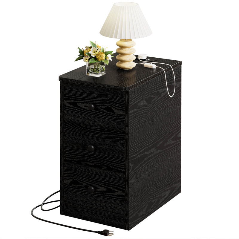 Modern Narrow Nightstand With Charging Station - 3-Drawer Storage, Black
