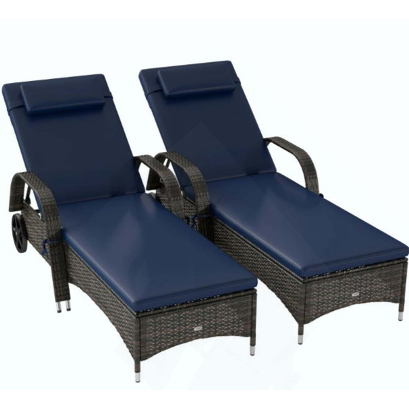 Rolling Outdoor Chairs, 2 Reclining Chaise Lounge Chairs With Cushion, Black, Mixed Gray, 2