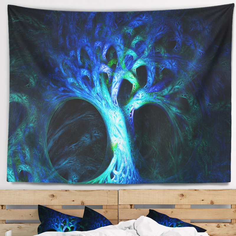 Tapisserie abstraite arbre magique bleu psychédélique, H 78 po x l 92 po