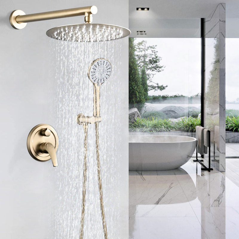 10 Inches Wall Mounted Shower, High Rain Head And 5 Handheld, Silver Brass