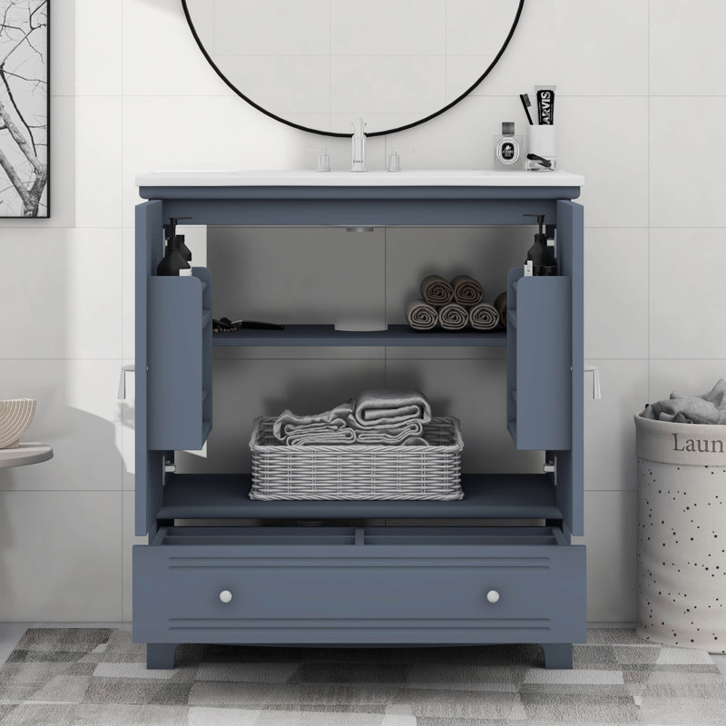 Meuble-lavabo moderne 30 po avec lavabo en céramique, tablette réglable et tiroir, Bleu