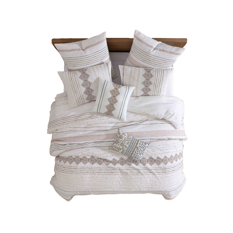 Jela 5Pc Comforter Set, Shams, White Clipped Jacquard Stripe, King Comforter + 2 King Shams