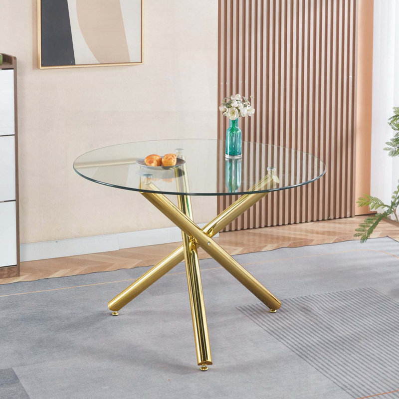 Table de salle à manger Golden avec plateau en verre et pieds en métal - 43,3 po x 43,3 po x 29,5 po, Doré