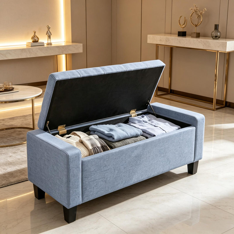 Banc ottoman de rangement avec accoudoirs capitonnés et pieds en bois pour entrée, chambre ou salon, Grey Blue