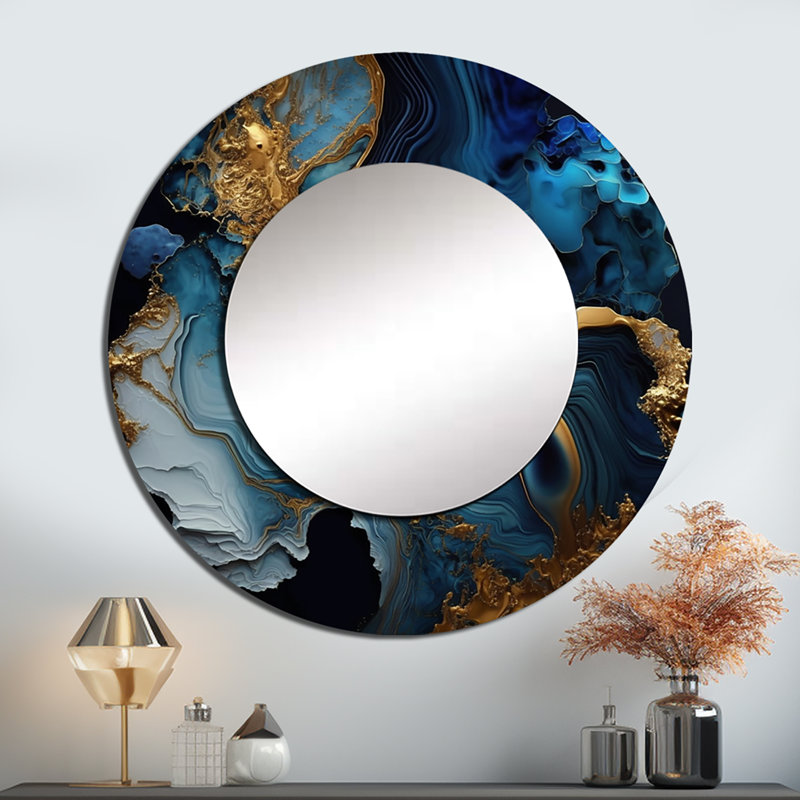 Omaurion abstrait Geode Marble Blue III - miroir décoratif en marbre, miroir mural rond moderne, impression d'art en métal