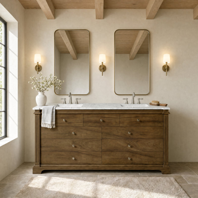 Rachelle 72"W Marble 5 Drawer Double Bathroom Vanity, Brown, Brown