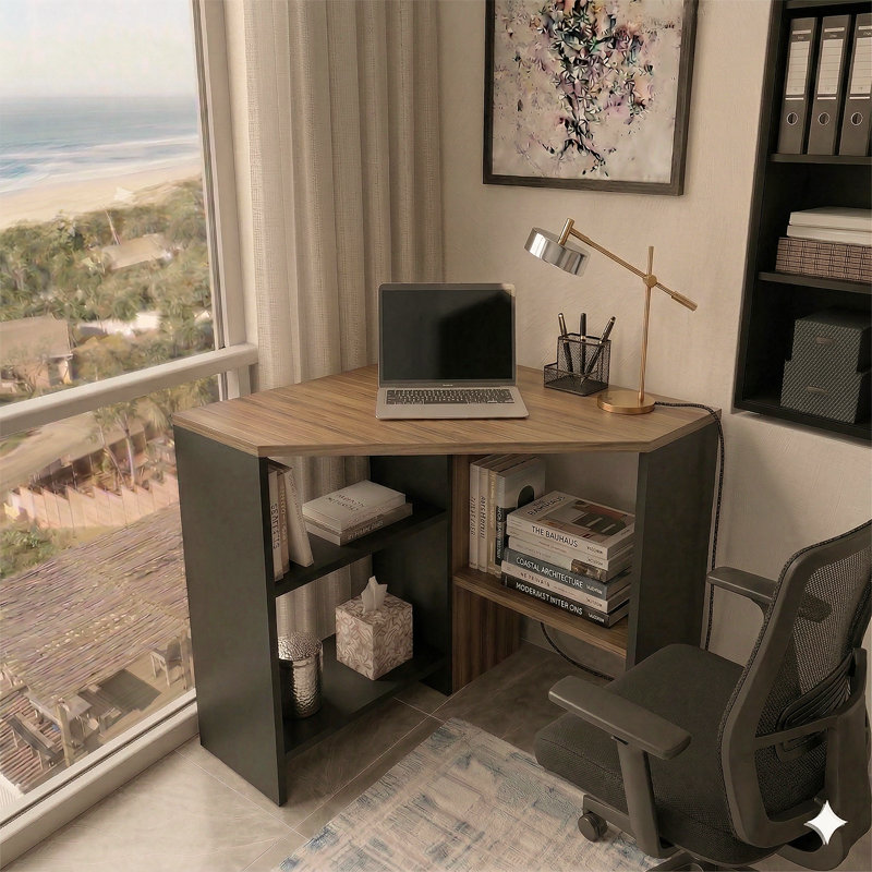 Alison 72Cm W Corner Computer Desk with Open Storage, Black Walnut