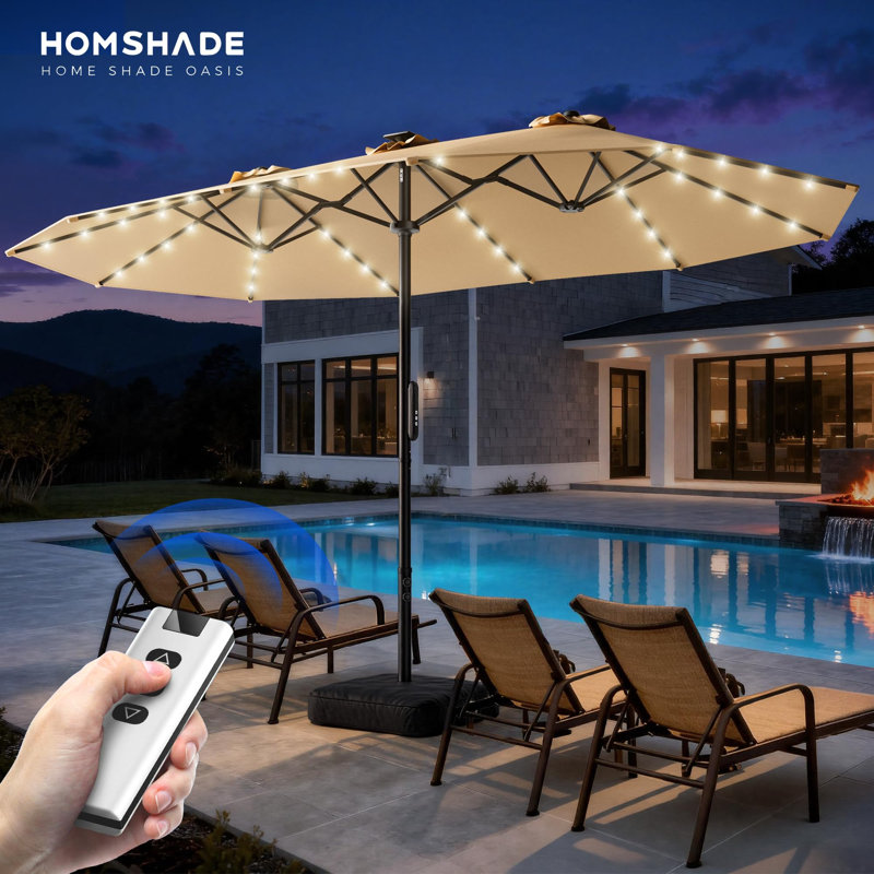 Grand parasol électrique motorisé 180 po x 108 po avec base et lumières solaires pour l'extérieur, double face rectangulaire avec télécommande, ouverture automatique à 30 ° pour la table de billard, marché, beige