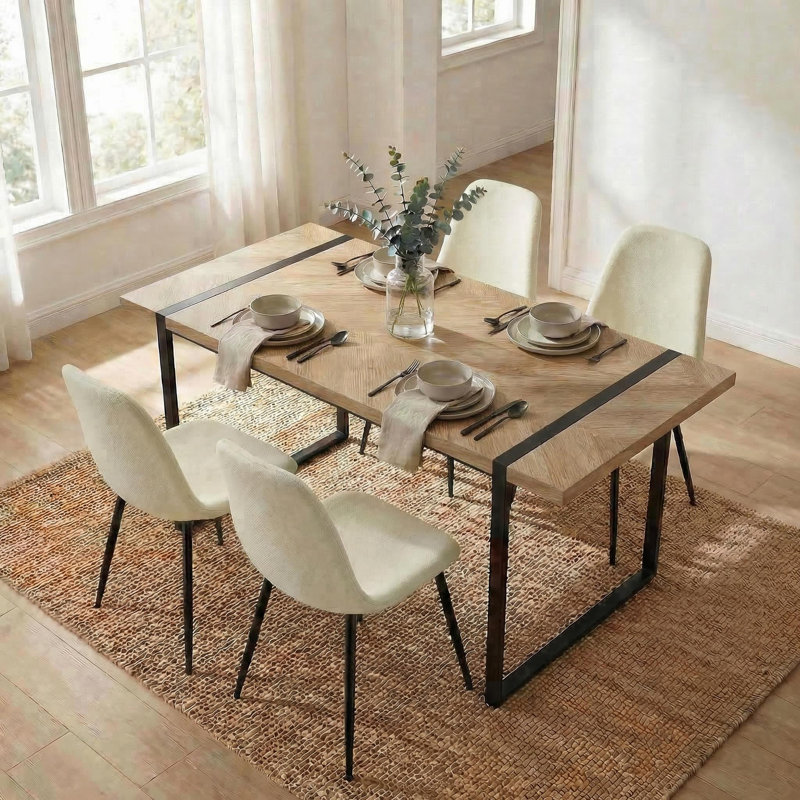 Modern Industrial 5-piece Dining Set, 59" Rectangular Table&4 Upholstered Chairs