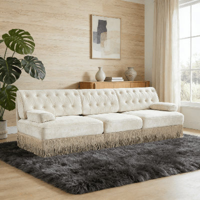 Canapé 3 places en velours avec dossier touffeté et jupe à franges de frange de sol - Design ergonomique, cadre en bois, canapé de salon rembourré pour animaux de compagnie