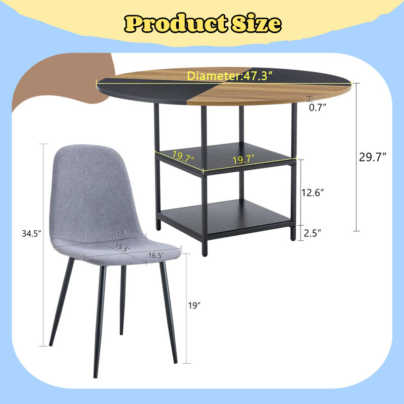 Table & 4 Chairs Set, Double-layer Storage, 47.3", Grey/Black