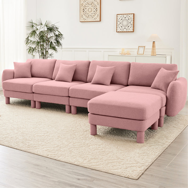 Convertible L Shape 4 - Seater Pink Boucle Fabric Sectional With Shell Shaped And Removable . Cylindrical Legs Construction For Relaxing At Home Couch In , Legs. Build Comfortable Seating Any Room
