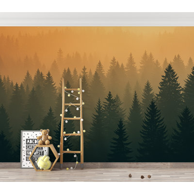 Dark Forest Wallpaper Mural, Dramatic Evergreen Tree Wall Art, Moody Green Woodland Decor, Luxury Painterly Nature Mural