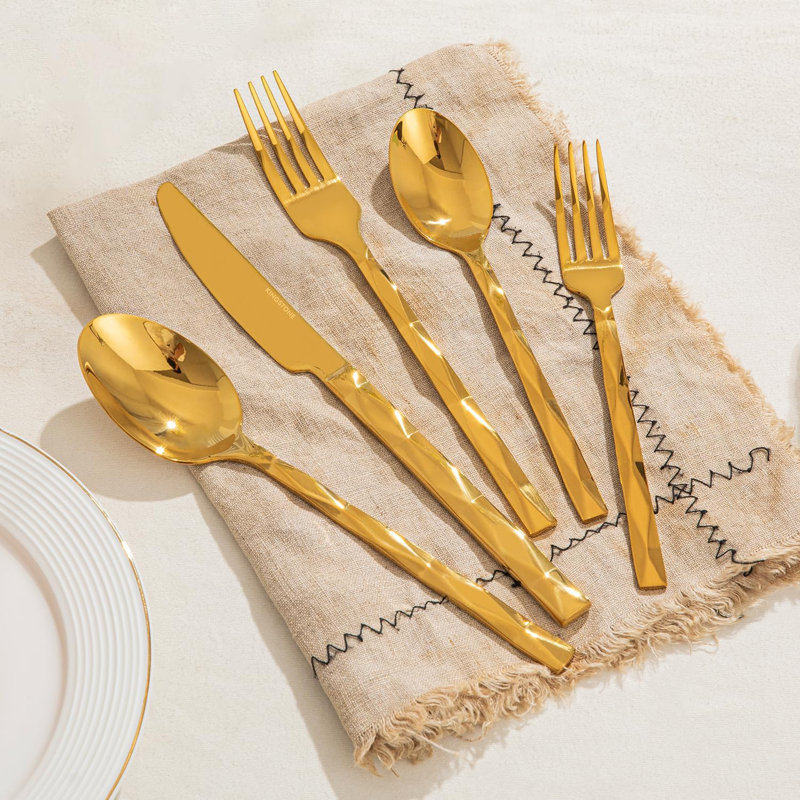 Ensemble de couverts 40 pièces de luxe en or 40 pièces pour couverts en acier inoxydable 18/10 avec motif à losanges, miroir poli et lavable au lave-vaisselle pour la maison, le mariage, la fête et le restaurant