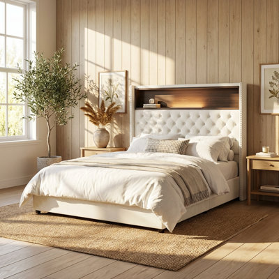 Full Size Luxurious Velvet Tufted Platform Bed Frame with High Headboard, USB Charging Port, Night Light, and Integrated Storage Shelf