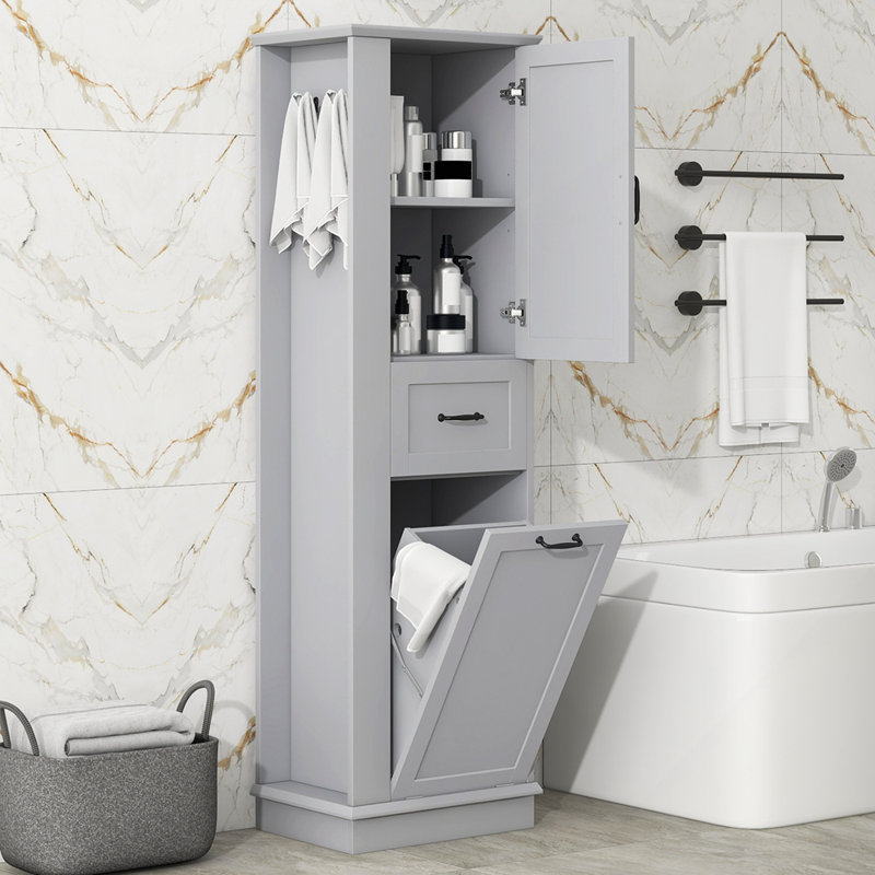 Armoire de rangement de salle de bain moderne avec compartiment inclinable et crochets, Gris
