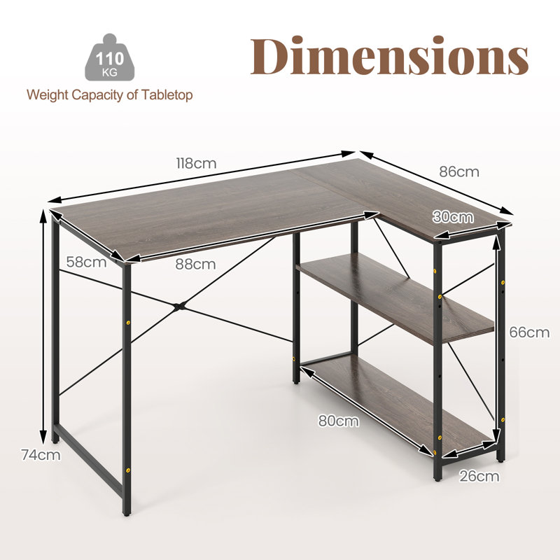 L-Shaped Metal Base Computer Desk, Grey