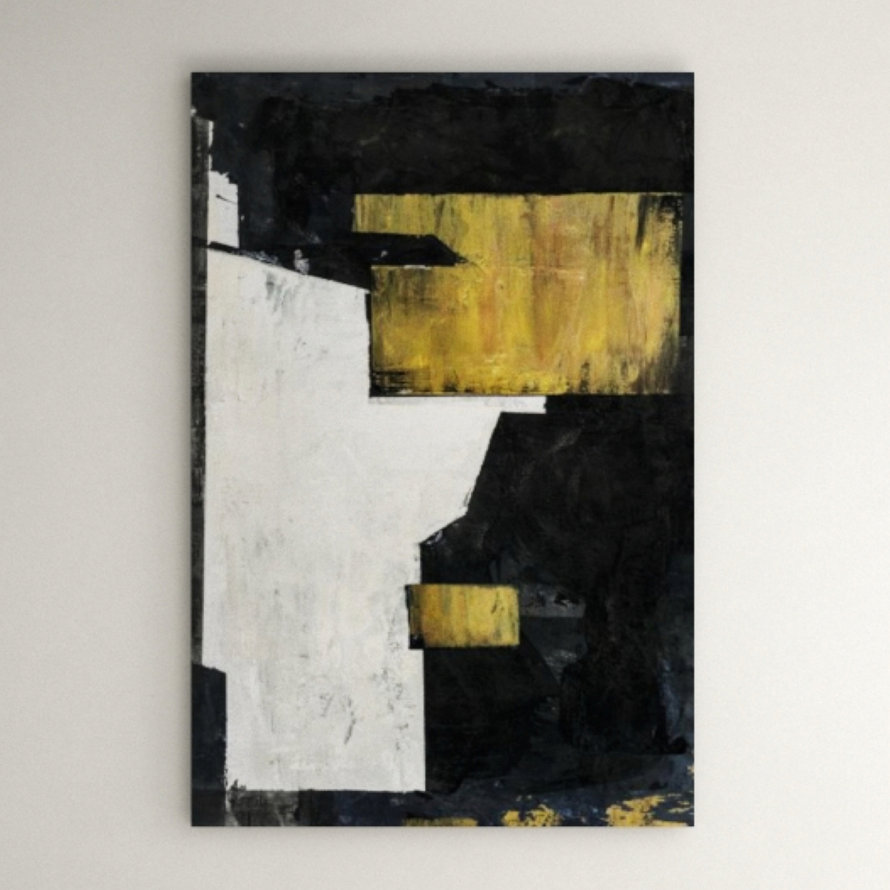 Abstract painting featuring black, white, and gold blocks.