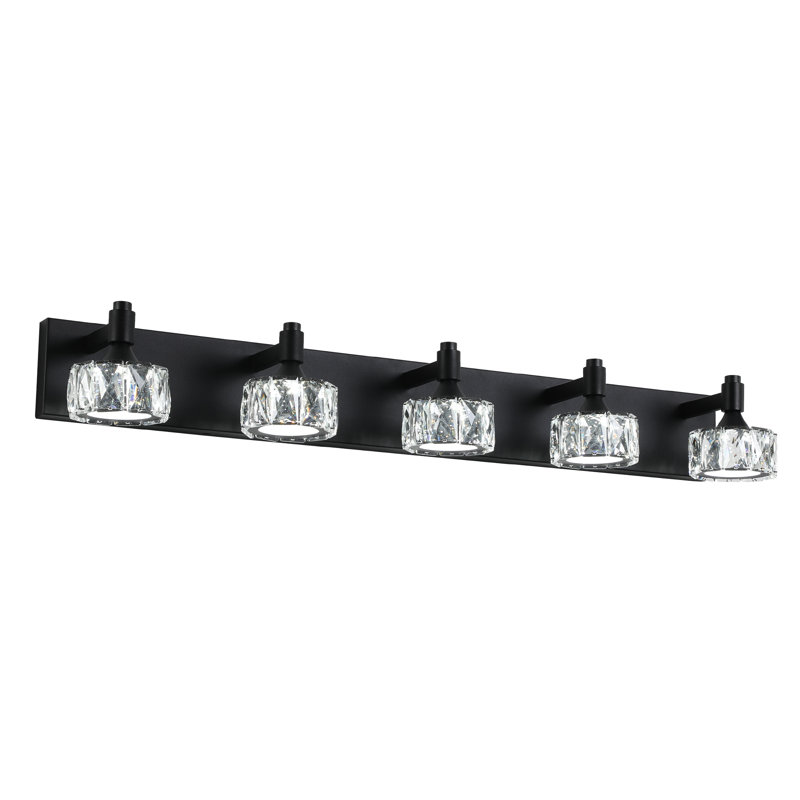  5-Light Matte Black Bathroom Vanity Light With Crystal Glass Shades, LED Wall Sconce Lighting For Bathroom Mirror