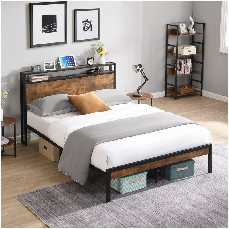 Cadre de lit avec tête de lit, cadre de lit plateforme avec lumières DEL, station de charge, tablette de rangement à 3 niveaux, lattes en acier, assemblage facile sans bruit et sans sommier