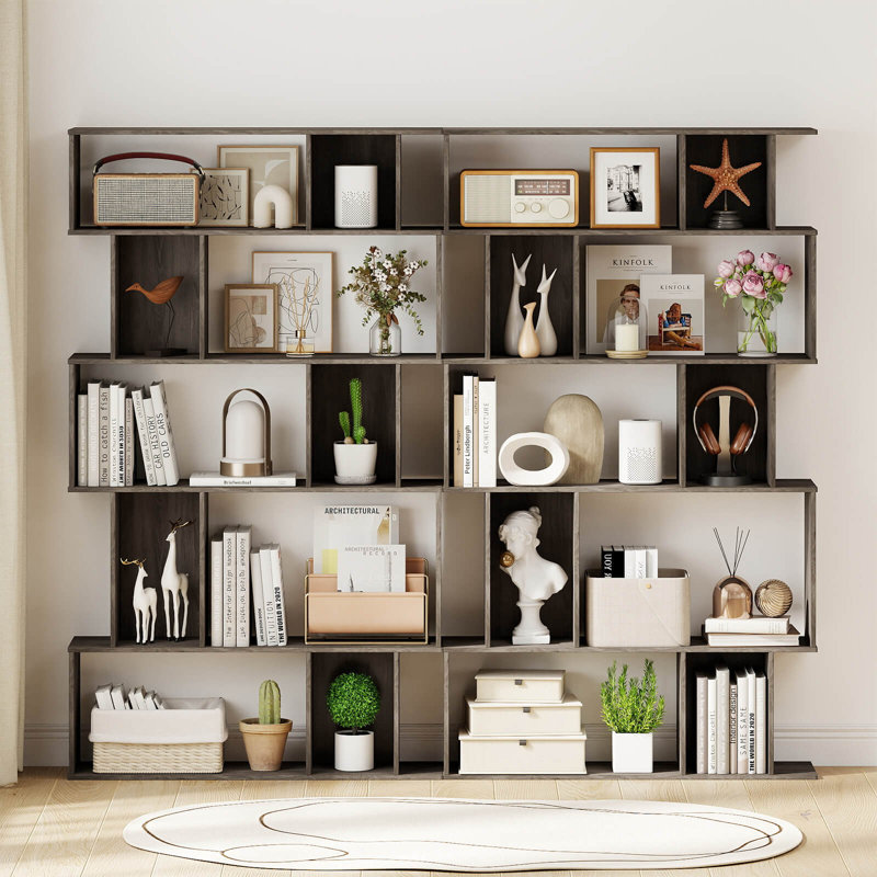 2 bibliothèques géométriques à 5 niveaux avec tablettes ouvertes Cubes à dossier fermé pour salon chêne gris, Chêne gris, 2