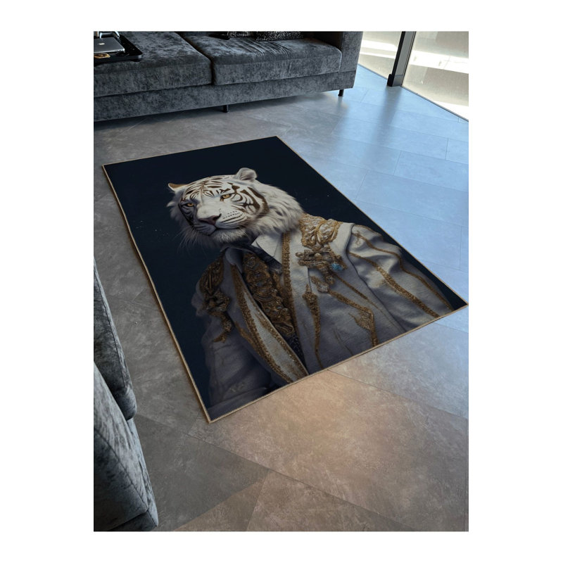 Tapis bleu délavé à motif de tigre noble, Sous-tapis rectangulaire de 3 pi 3 po x 4 pi 11 po