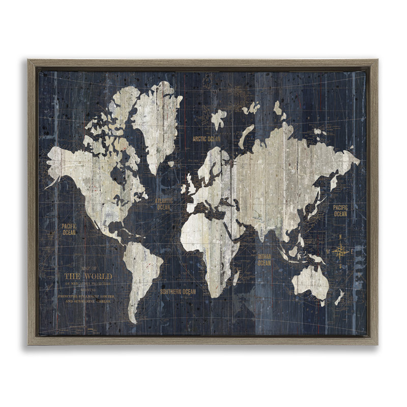 Art mural en toile vieilli, carte du monde antique par Wild Apple, Cadre flottant orme Montalcino