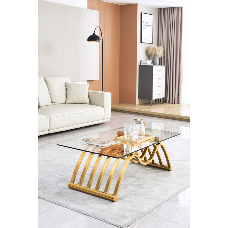 Table basse en acier inoxydable avec verre trempé transparent, rectangle de 47 po, conception dorée moderne, assemblage facile pour la maison et le bureau, garniture rectangulaire et salon