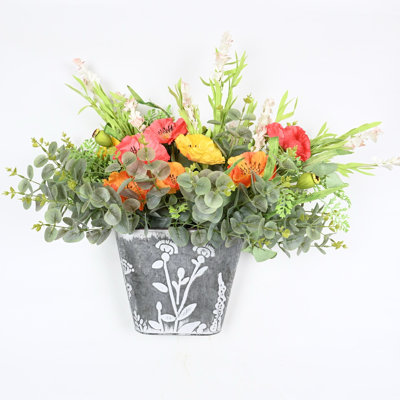 Artificial Spring Summer Wildflower Floral Arrangement With Metal Bucket For Front Door Wall Decor, Farmhouse Blossoms Cluster Greenery Foliage Faux Flower For Dining Table Centerpieces, Home Office Wedding Party Decor