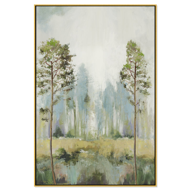 Teton Tall Green Trees II by Teton Pearce - Floater Frame Print on Canvas, 61.5" H x 41.5" W, Gold
