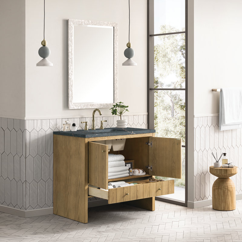 Hudson 36'' Single Bathroom Vanity with Top, Light Natural Oak, Parisien Bleu, 8" Widespread