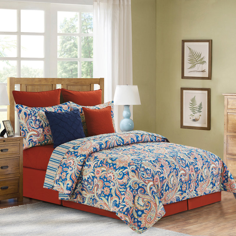 Ensemble de courtepointe réversible en coton bleu / orange Marla, Courtepointe pour lit simple + 1 taie décorative 